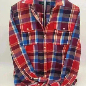 Lauren Ralph Lauren 100% Cotton Red Plaid in L - The Perfect Button Down Shirt !